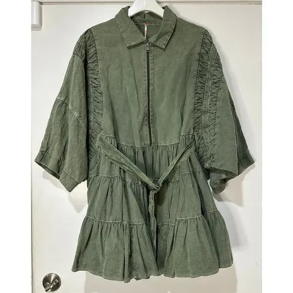 Free People Hampton Belted Mini Dress Crystal Kelp Cotton Size Medium NWOT Chic Mini